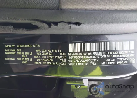 2019 Alfa Romeo Stelvio Rwd z USA, uszkodzony, nr VIN ZASPAJAN6K7C71156